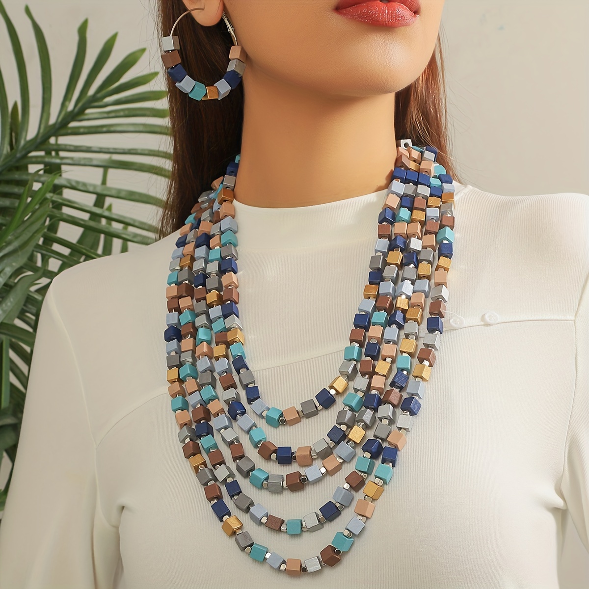 Square Bead Necklace Layer Ethnic Style Sweater Chain Earring Set